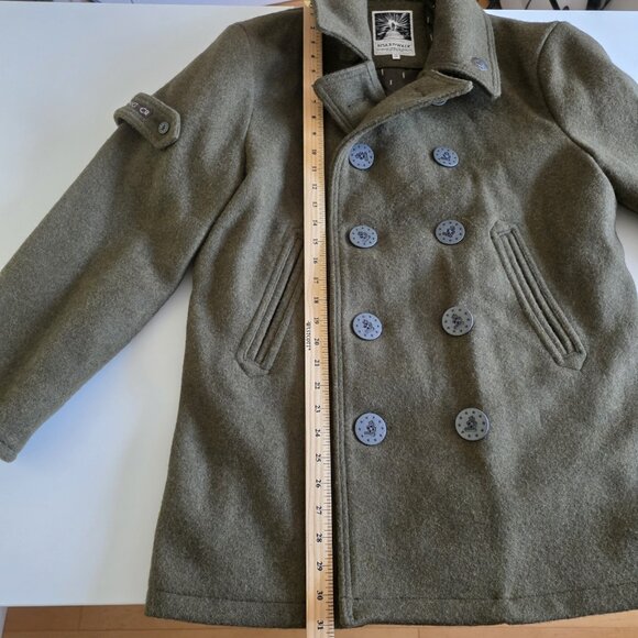& Sons Heavy Wool Blend Peacoat Mens M Military Green Elbow Patches Storm Collar - Picture 6 of 16